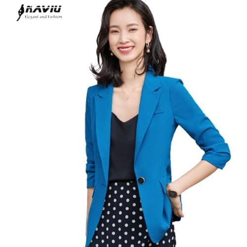 Blue Blazer Women Fashion High End New Spring Summer Formal Half Sleeve Slim Jacket Office Ladies Casual Work Coat
