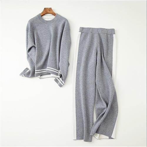 100% goat cashmere knit twinset women fashion Oneck pullover wide-leg pants 2pcs suits solid color M/L