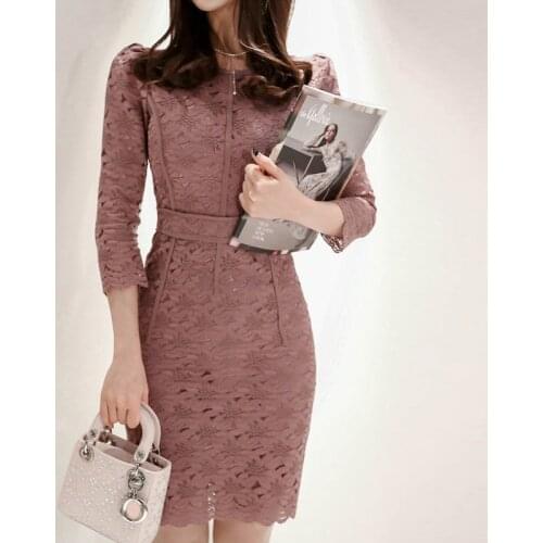 2019 fashion work style women comfortable soft solid slim pencil dress new arrival temperament elegant pink lace party dress