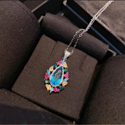 Charm Big Bling Water Drop Sapphire Pendant Choker Chain Necklace for Women silver 925 jewelry Fashion Fine Crystal Necklace