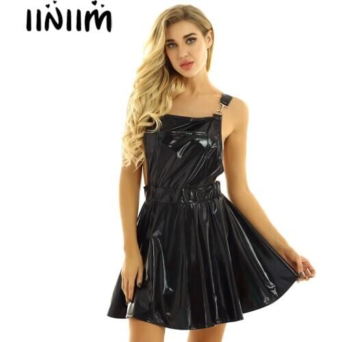 Womens Sexy Clubwear Fashion Dress Shiny Metallic Holographic Straps A-line Pleated Bib Overall Pinafore Dress Braces Mini Skirt