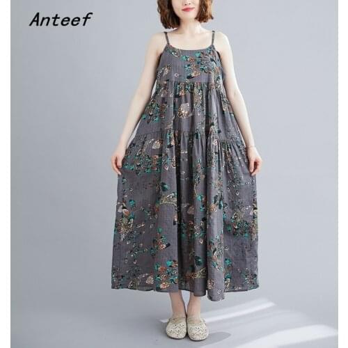 Sleeveless strap cotton vintage floral dresses for women casual loose long woman summer dress elegant clothes 2021 sundress