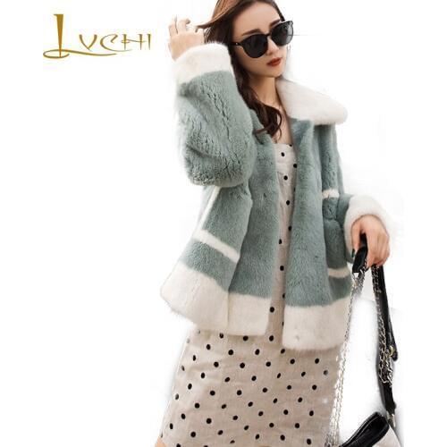 LVCHI2018 Winter Mink Fur Coat Real Fur Coats Women Thicken Full Pelt Striped Turn-Down Collar Full Sleeve Medium Mink Fur Coats