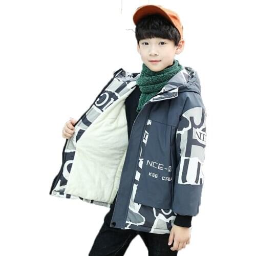 Winter Polyester Jacket For Boy New 2021 Keep Warm Thicken Plus Velvet Hooded Cotton Coat Handsome Printing Childrens Clothing
