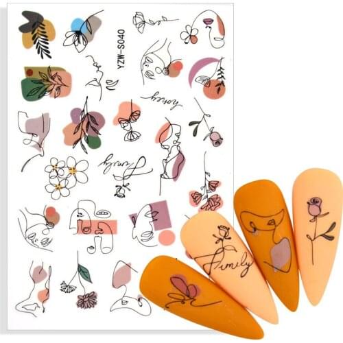 1 Sheet Abstract Women Face Nail Sticker Black Flower Leaf Dreamcatcher Hollow Animal Sketch Geometric Lines Nail Decal