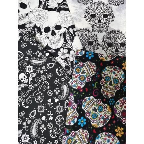 4pcs 20cm X 25cm Skull Cotton Black fabric Flora Pistol Rose Printed Fabric Patchwork Home Decor Dress Clothing viaPhil DIY