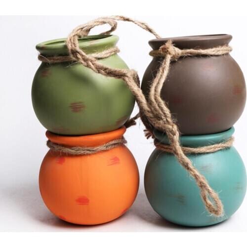 4Pcs Mini Ceramic Rope Hanging Flower Pot Succulent Bonsai Cactus Holder Planter