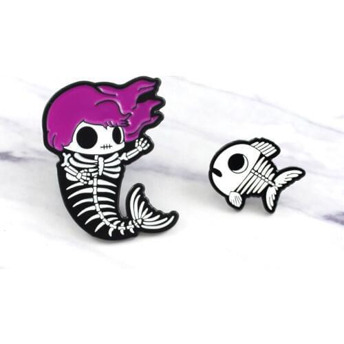 Zombie pirate cartoon purple hair mermaid fish bone brooch mermaid skull and fish bone enamel brooch badge gift in luminous