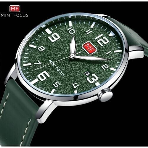 2020 Fashion Casual Watch Men Date Display Genuine Leather Strap Green Dial Arabic Number MINI FOCUS relogio masculino