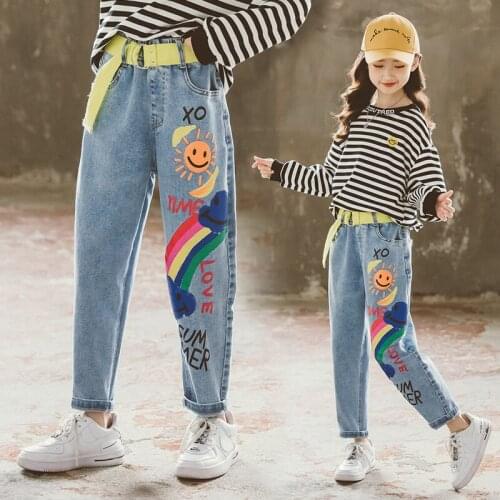 Fashion Girls Jeans Pants Belt Elastic Waist Printed Cartoon Denim Trousers Teenagers School Children Jeans 4 6 8 9 10 11 12 14Y
