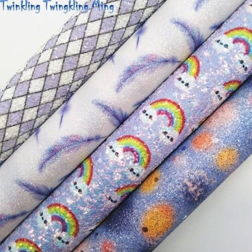 Purple Glitter leather, Diamonds Feather and Rainbow Printed Chunky Glitter Fabric Sheet For Bow 21x29CM Twinkling Ming KM321