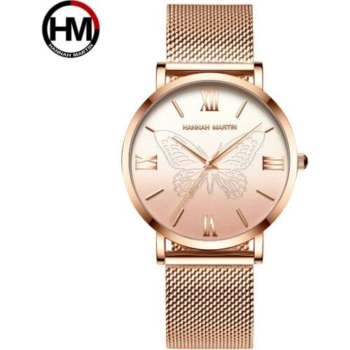 Hannah Martin Luxury Women Watches Rose Gold Butterfly Elegant Ladies Dress Watch Stainless Steel Waterproof Quartz Wristwatches