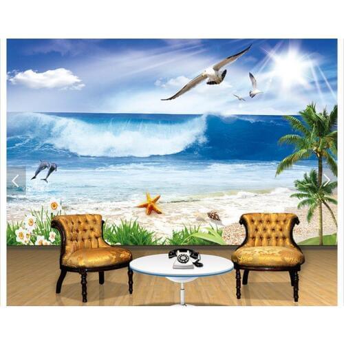 Customized 3d photo wallpaper 3d wall murals wallpaper sea coconut palm beach dolphins gull landscape paintings room decoration