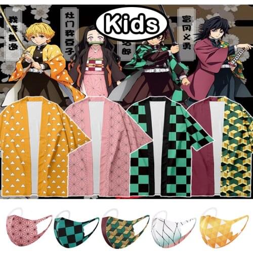 Kids Demon Slayer Cosplay Costume Kimono Kimetsu No Yaiba Nezuko Tanjiro Kamado Tomioka Giyuu Kimono Cardigan Hanfu Accessories