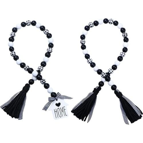 2Pcs Black & White Plaid Wood Bead Garland, Rustic Farmhouse Wooden Bead Garland with Jute Rope Plaid Tassel Home Décor