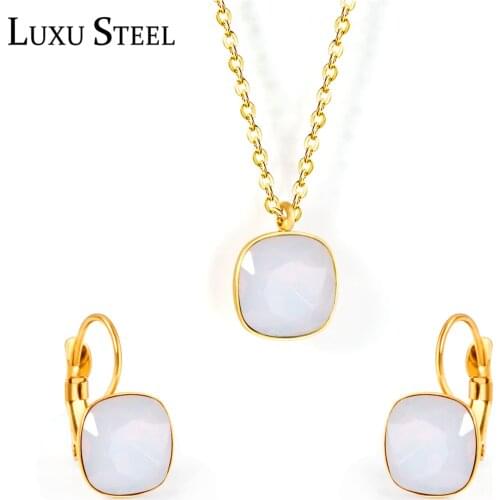 LUXUSTEEL Zirconia Jewelry Sets Wedding Jewelry Stainless Steel Geometry Pendant Necklace Earrings Bijoux Female Collars Party