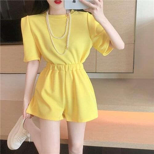 Fashion Casual Shoulder Sleeve Korean Loose Top + High Waist Wide Leg Shorts Two Piece Suit Summer New Solid Color Sweet Suits
