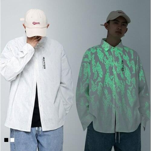 Mens Fashions Autumn Spring Clothes Shirt Long Sleeves Casual Fluorescent Luminous Printing Floral Cotten Shirt Japanese New
