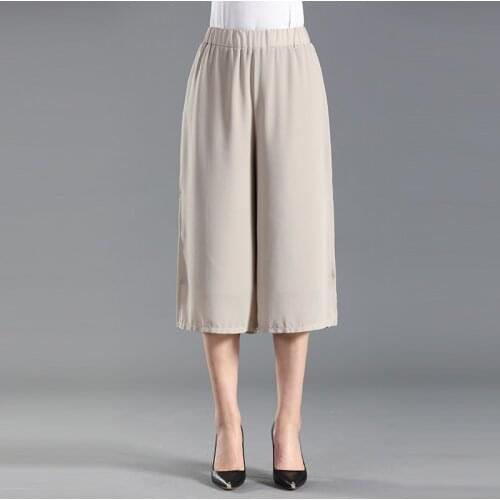 Soft Comfort Women Wide Leg Pants 2021 New High Waist Casual Summer Slacks Pants Chiffon Calf-Length Cropped Trousers Female 5XL