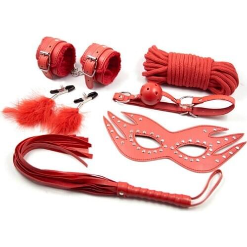 Leather Eyeshadow Set For Red Toys 6-Piece Breast Clip Whips 10M Rope Mouth Gag