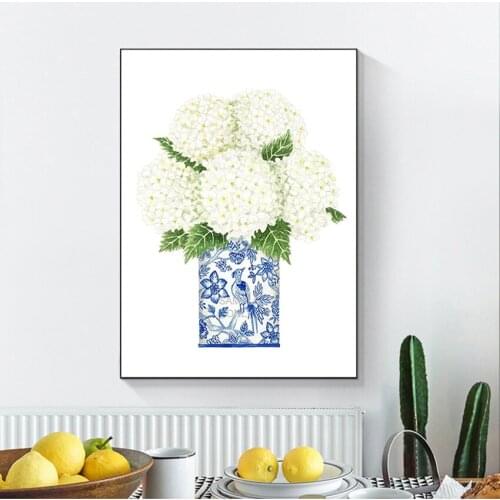 Gallery Wall Art Picture Poster Trendy Wall Decor Blue and White China Magnolia Hydrangea Prints Chinoiserie Art Canvas Painting