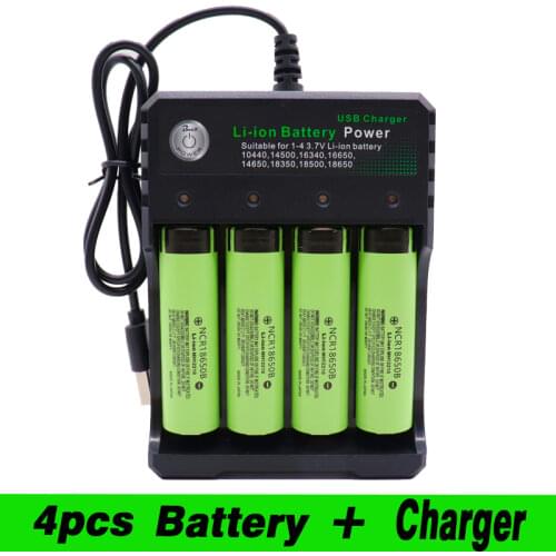 NEW 18650 Lithium Ion Rechargeable Battery for Panasonic NCR 18650B 3400mAh Flashlight Tool + USB Quad Smart Char