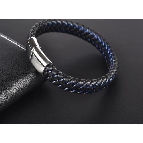 Punk Black Blue Braided Leather Bracelet Magnetic Clasp Fashion Bangle Jewelry Jewelry