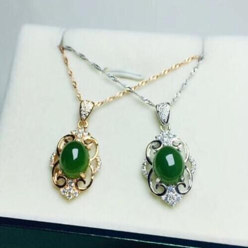 Real 925 Silver White Green HeTian Jade Inlay Hollow Design Lucky Jasper Pendant + Chain Necklace Fine Jewelry Certificate