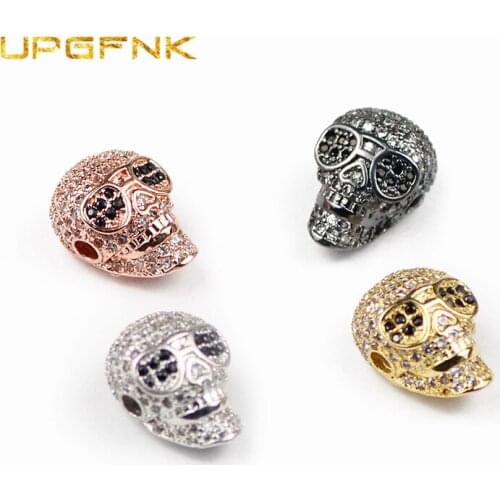 UPGFNK Skull Head Pendant Copper beads White Zircon Metal Spacer Charm Loose beads for Jewelry making bracelet DIY Accessories