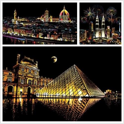 DIY Manual Scraping Painting 40.5x28.5 CM Colorful Famous City Building Night View Magic Art Scratch Painting Paper Drawing Toys