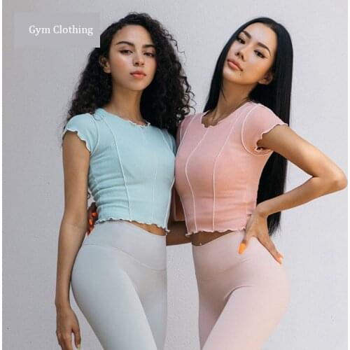 Sports Crop Tops Women Yoga Shirts Ruffle Hem Fitness Short Sleeve T-Shirts Gym Clothing Female Sportswear Quick-Dry Knit Tops
