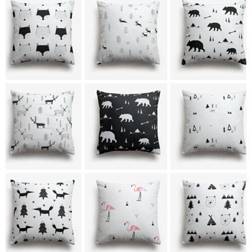 Sweetenlife Cute Cartoon Pattern Pillow Cover Black And White Forest Decorative Throw Pillows Simple White Linen Fabric Cushion