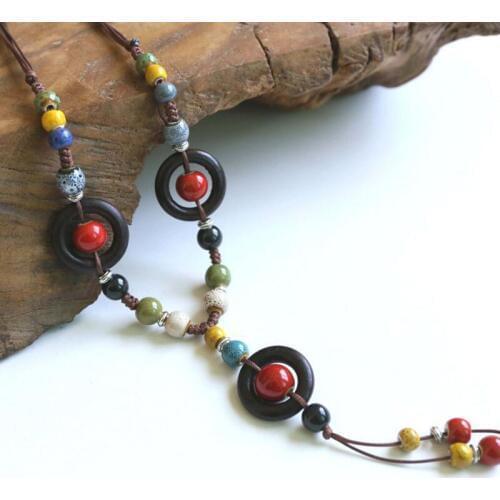 Statement Colorful Ceramic Beads Strand Long Tassel Pendants Necklace For Women Retro Wood Round Circle Charm Necklace Jewelry