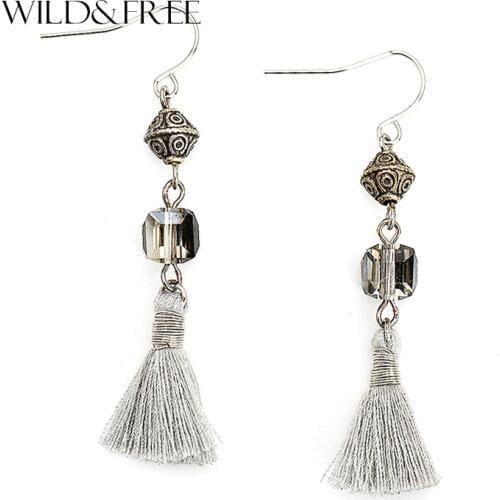 Women Boho Gray Thread Tassel Drop Earrings Vintage Pattern Zinc Alloy Beaded Pendant Dangle Earrings Jewelry Bohemia Style