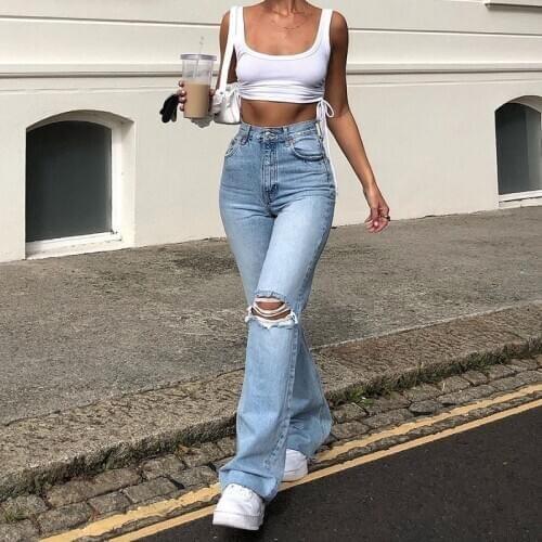 Y2K High Waist Ripped Hole Straight Flare Jeans Women Casual Washed Denim Pants 90S Baggy Trousers Bleached Mom Jeans Streetwear