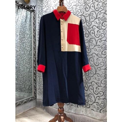 2021 Summer Fashion Long Shirt Dress High Quality Women Turn-down Collar Color Block Patchwork Long Sleeve Casual Loose Dress