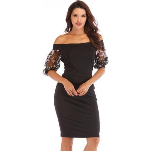 ENLU Elegant Women Dress summer Applique Contrast Mesh Lantern Short sleeve Form Fitting Solid Dress Tight Slim Party Dress