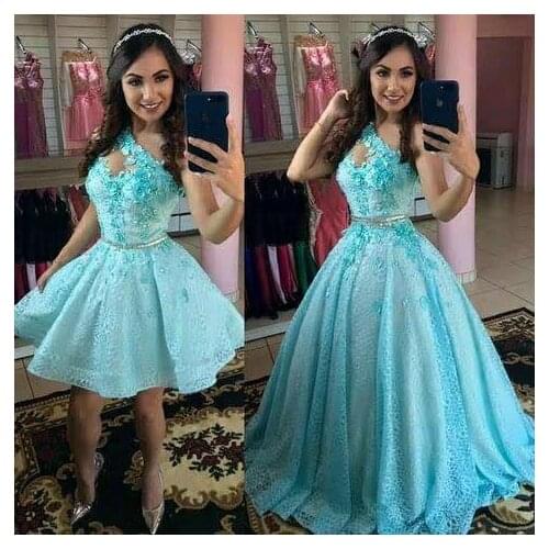Verngo One Shoulder Lace Applique Quinceanera Dresses 2 in 1 Detachable Overskirt 3D Flowers Short Prom Party Gown 16 Sweet Girl