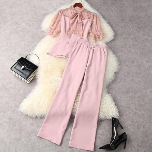 2021 5 Minute Sleeves Double-breasted Printed Shirt Wide-legged Pants Suits European and American Womens Wear for Spring