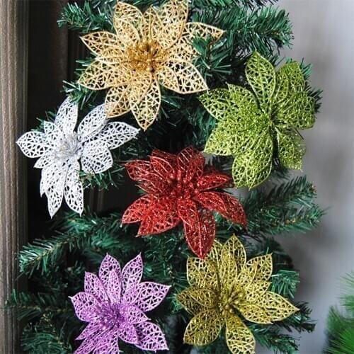 5pcs Artificial Christmas Flower 14cm Faux Xmas Ornament for Christmas Tree Decorations Giltter Wedding Engagement Flower Decor