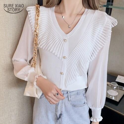 Blusas 2021 Autumn White Shirt Korean Blouse Stitching Long-sleeved Ruffled Chiffon Blouse Slim Black Elegant Button Shirt 16848
