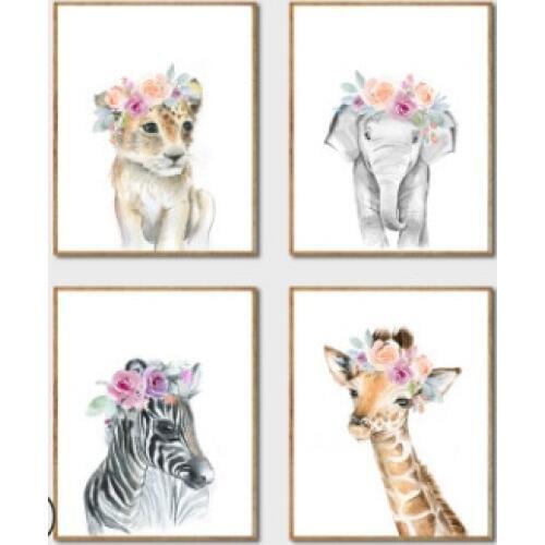 Nordic Childrens Room Decoration Canvas Painting Elephant Giraffe Cartoon Animal Living Room Hanging Painting Modern Wall Art