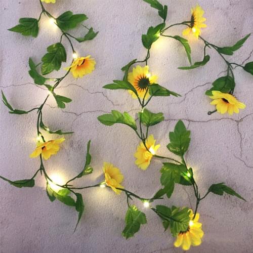2m20leds Sunflower Vine String Lights Battery Operated Flexible Artificial Leaf Vine LED Lamp for Home Wedding Party Decoration