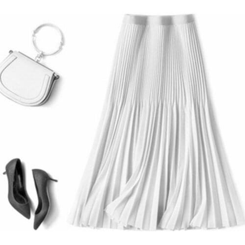 Candy Color Summer New Women Ladies Long Skirt WF0259 Black White High Waist Loose Elastic Waist Pleated Skirt