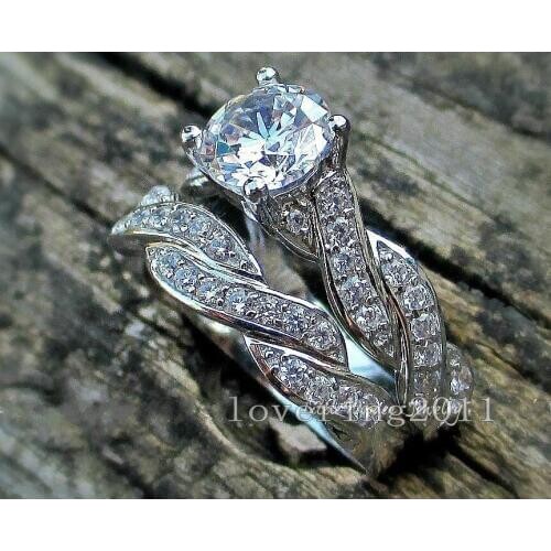 Wish Hot Sale Women Fashion Jewelry 10KT White Gold Filled AAA CZ Zirconia Simulated stones Wedding Bridal Pair Women Ring Gift