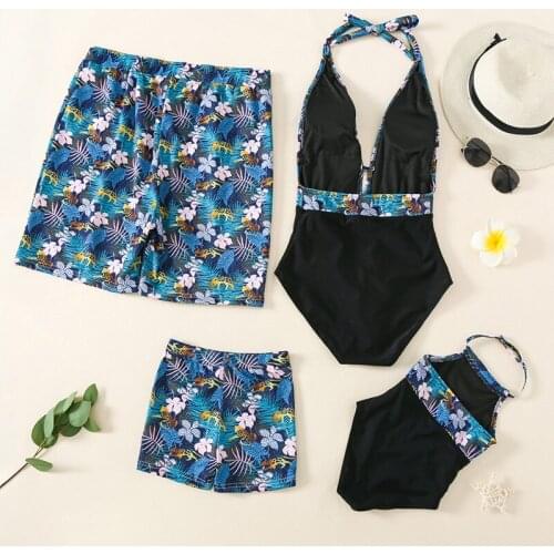 Family Matching Swimsuit V-neck One-piece Beach Wear Dad Men Beach Pants Kids Summer Clothing Swimwear Sets for Women Baby Girl