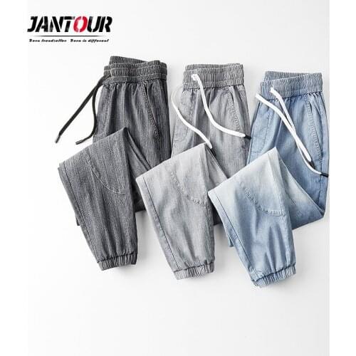 Summer Harlan Cotton Casual Pants Mens Loose Tie Foot Pants Thin Elastic Waist Drawstring Light blue Jogging Trousers M-3 4XL