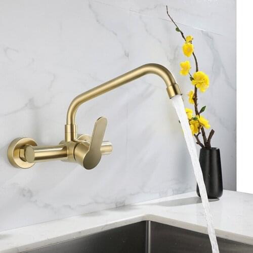 Brushed Gold Kitchen Faucet Swivel Pot Filler Tap Wall Mounted Hot and Cold Sink Tap Rotate Spout Stainless Steel