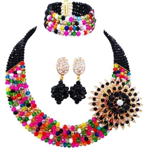Fashion Black Multicolors Crystal Beaded Multi Strands Necklace Nigerian Wedding African Beads Jewelry Set for Women 5L-ZJ002