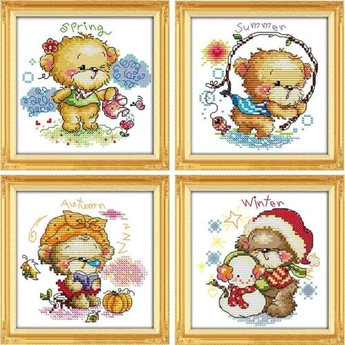 Joy Sunday The Four Seasons Little Bear Cross Stitch Kits 11CT14CT Embroider Arts DIY Needlework Set Home Decoration & Send Gift